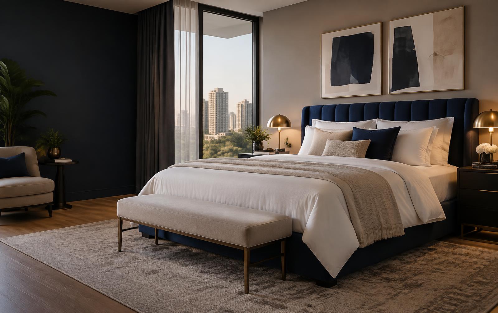 Quarto confortável com cama estofada